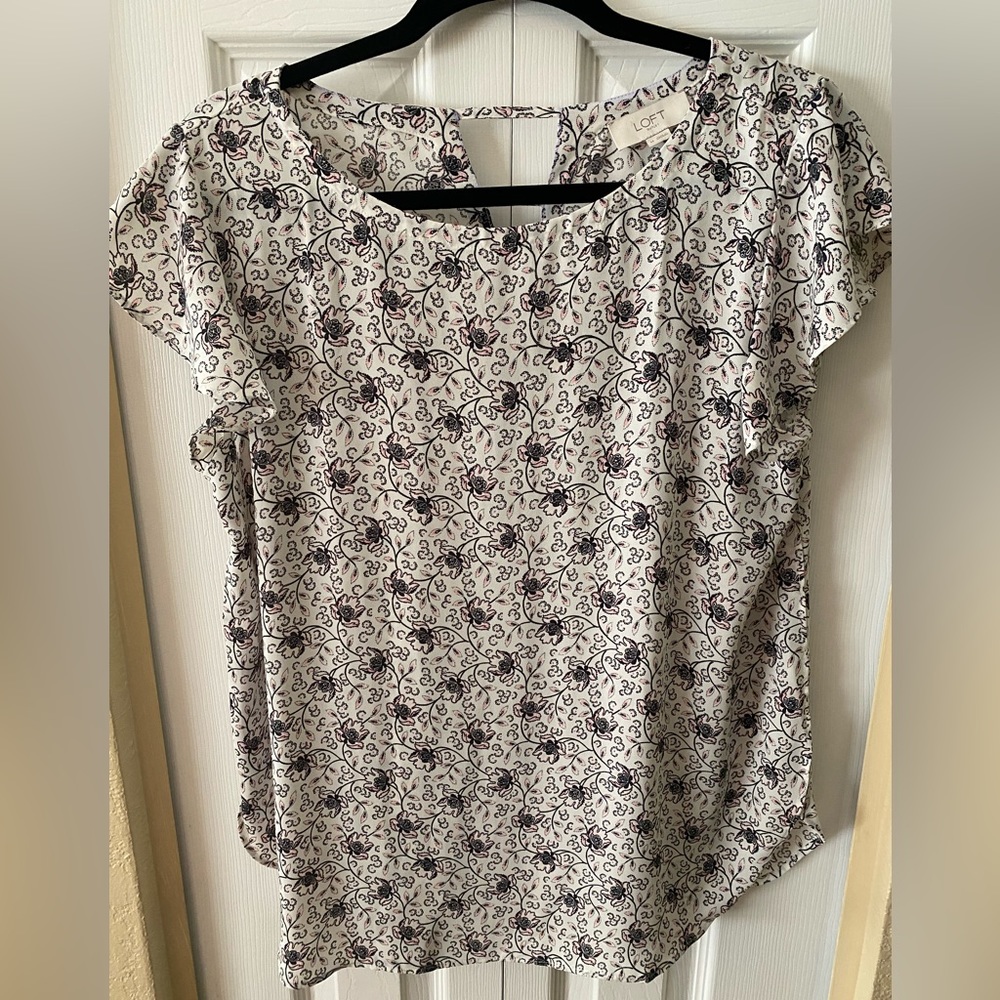 LOFT Medium Floral Print Work Blouse with Flutter Sleeve